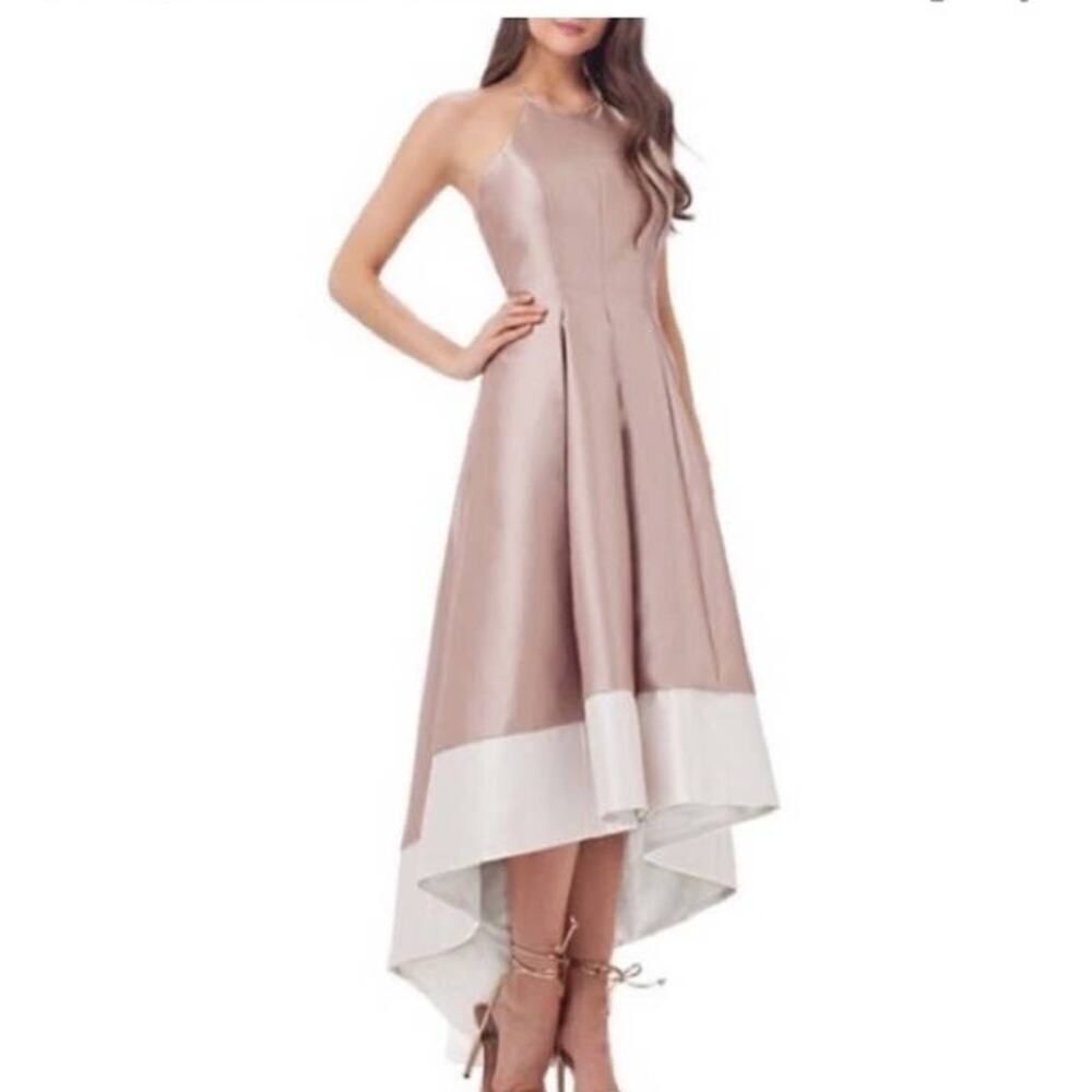 Carmen Marc Valvo Infusion Mikado High Lo Halter Dress Champagne White 6 NWT